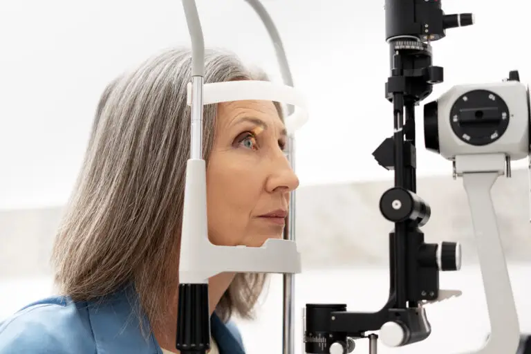 Senior woman undergoing eye exam with slit lamp in ophthalmology clinic