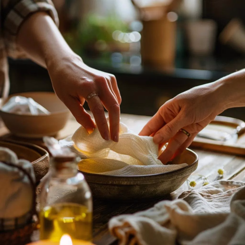 Person preparing a warm compress for dry eye relief in a cozy kitchen setting