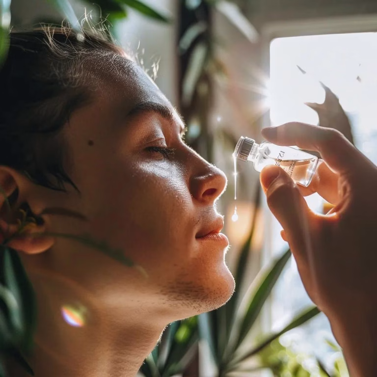 Person applying eye drops for chronic dry eye relief in a bright, calming environment