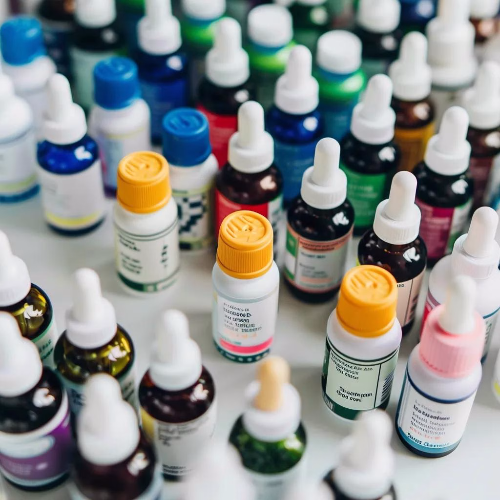Variety of prescription eye drop bottles for chronic dry eye treatment displayed on a clean surface