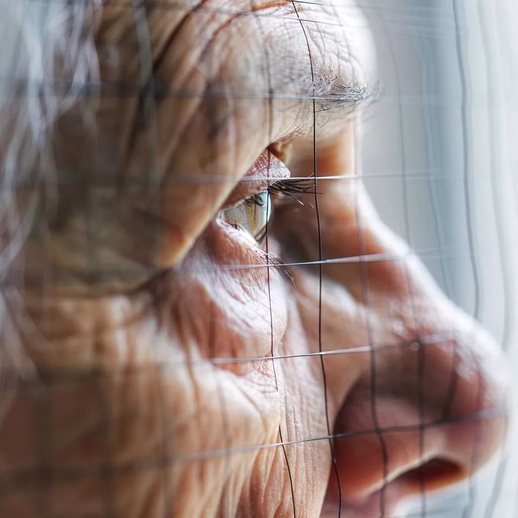 Close-up of an elderly person using an Amsler grid test to monitor vision changes
