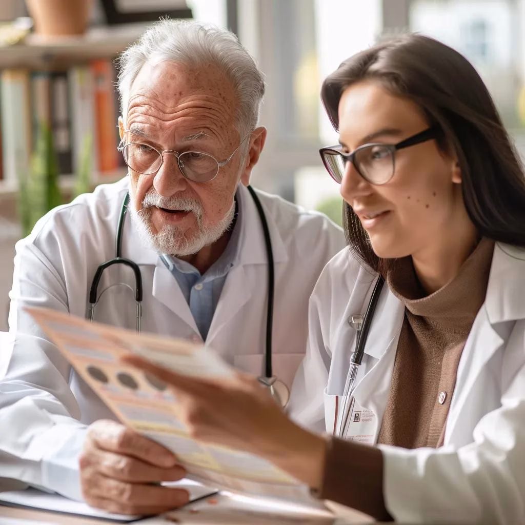 Healthcare professional explaining macular degeneration treatment options to an elderly patient