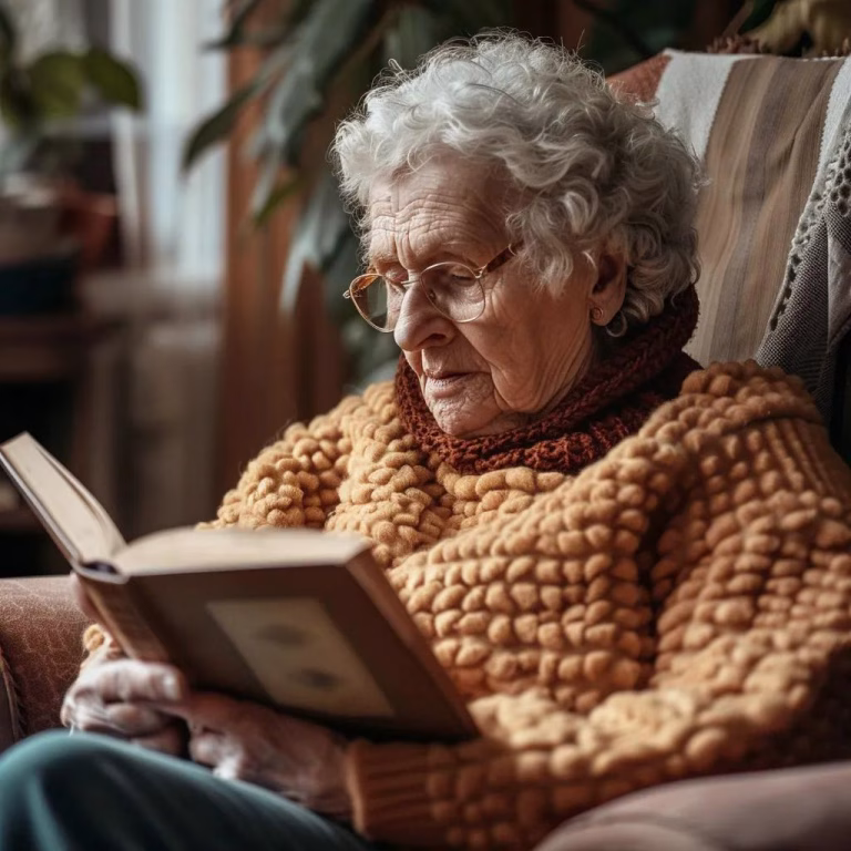 Elderly person reading a book in a cozy setting, highlighting the importance of vision and eye health